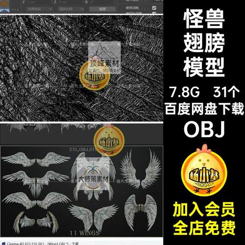 蝙蝠翅膀模型31个甲天使3DOBJobj物鸟羽六翼素材机蝴蝶怪兽朋克
