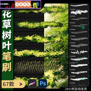 procreate笔刷ps锐利景观植物自然草类手绘草丛森林树叶草地插画