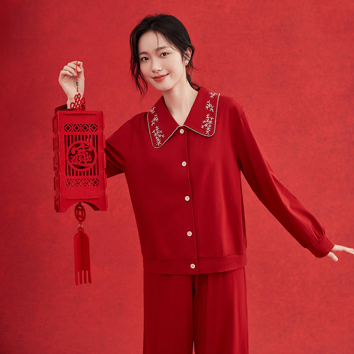 顶瓜瓜结婚喜庆纯棉大红色家居服套装顶呱呱阳光棉休闲睡衣套装女