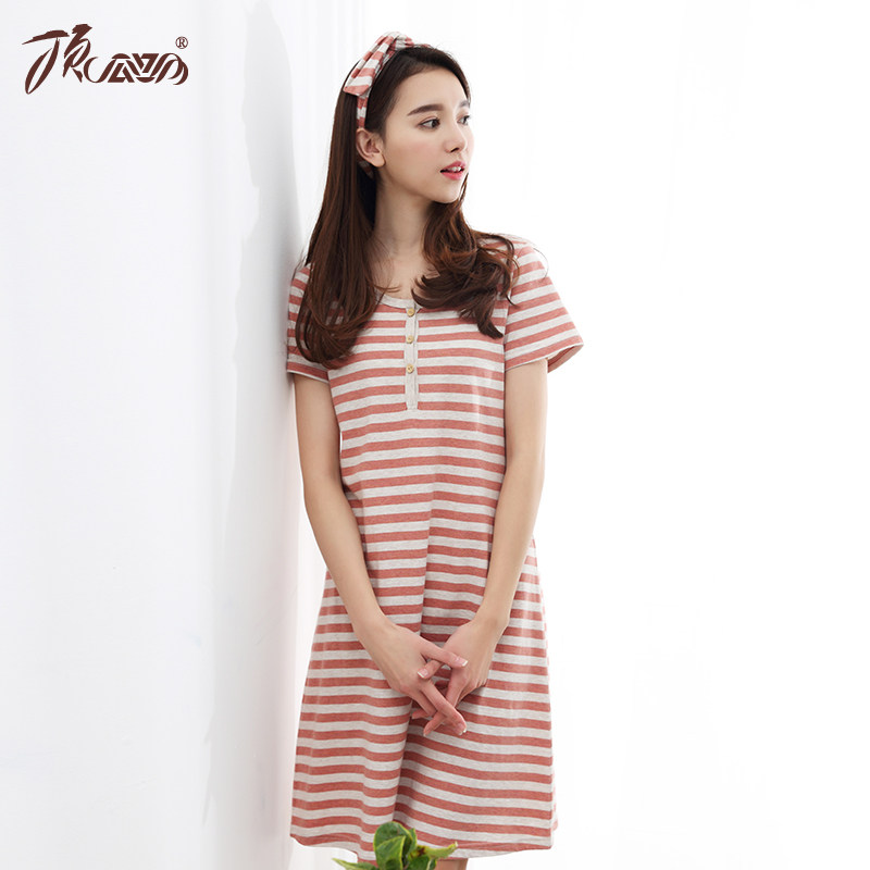 睡裙夏季薄款短袖纯棉中裙时尚条纹女家居服口袋顶呱呱顶瓜瓜外穿