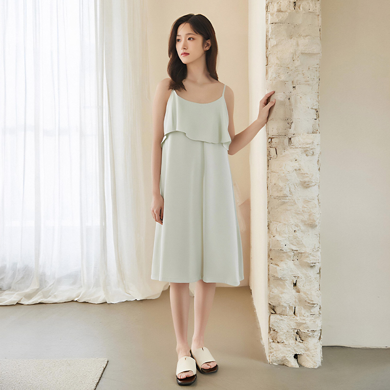 顶瓜瓜女士凉感睡裙圆领套头双层前片夏季防走光可外穿吊带女睡裙