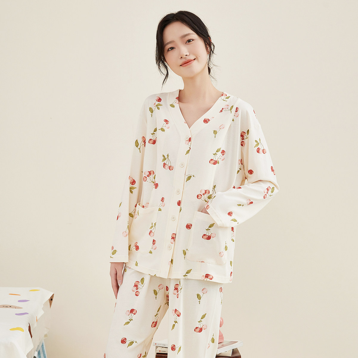 顶瓜瓜月子服女春夏款女士全棉舒适印花V领开襟长袖哺乳睡衣套装