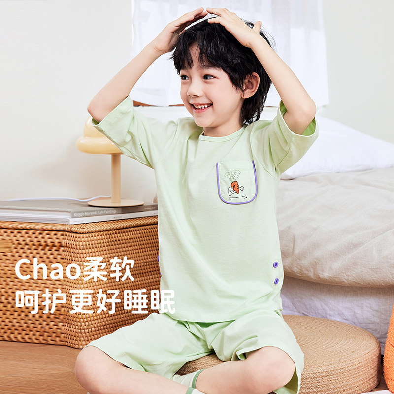 顶呱呱春夏男童女童短袖套装两件套中小学生睡衣中裤纯棉透气清新