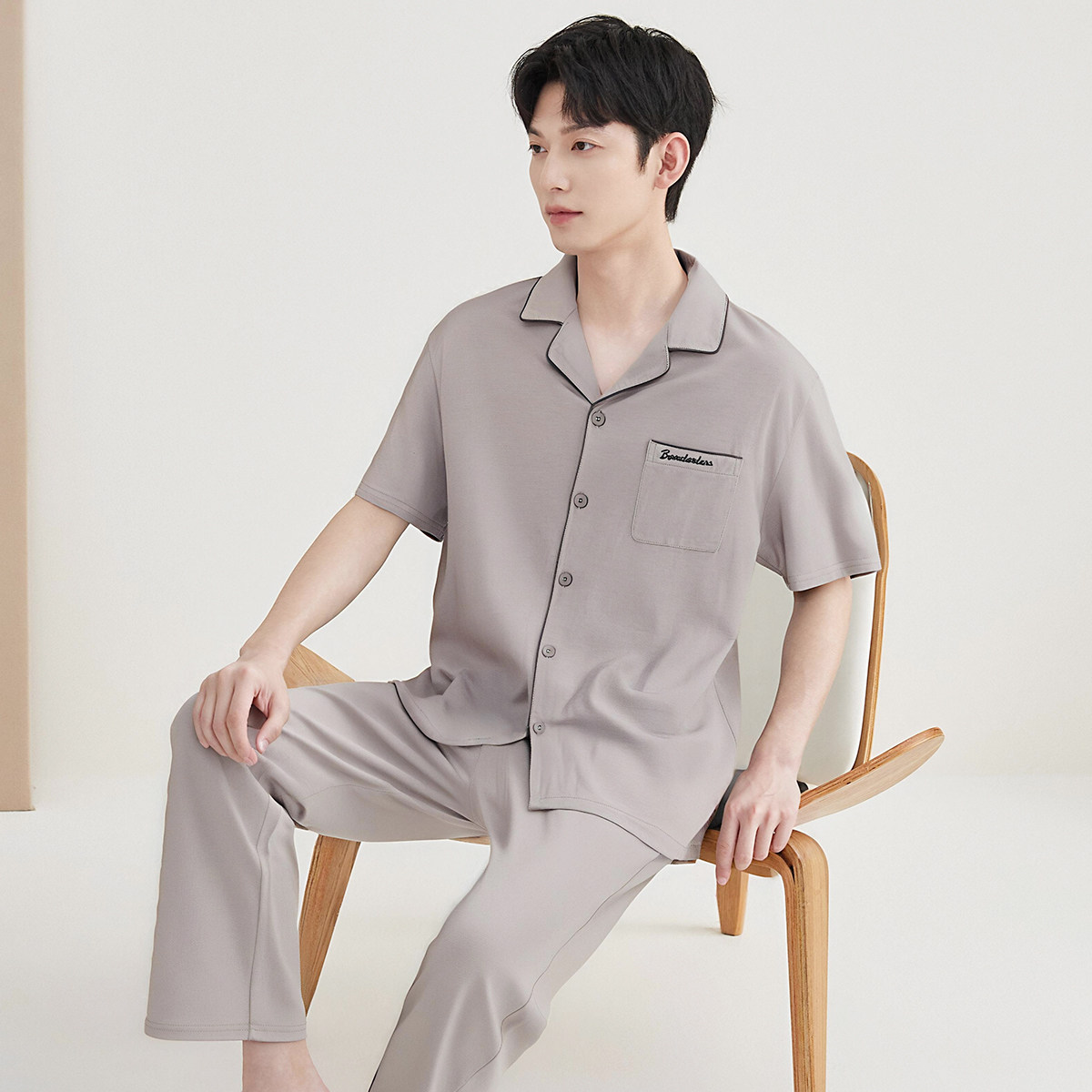 顶瓜瓜男士纯棉开襟翻领撞色家居服套装顶呱呱简约短袖长裤睡衣