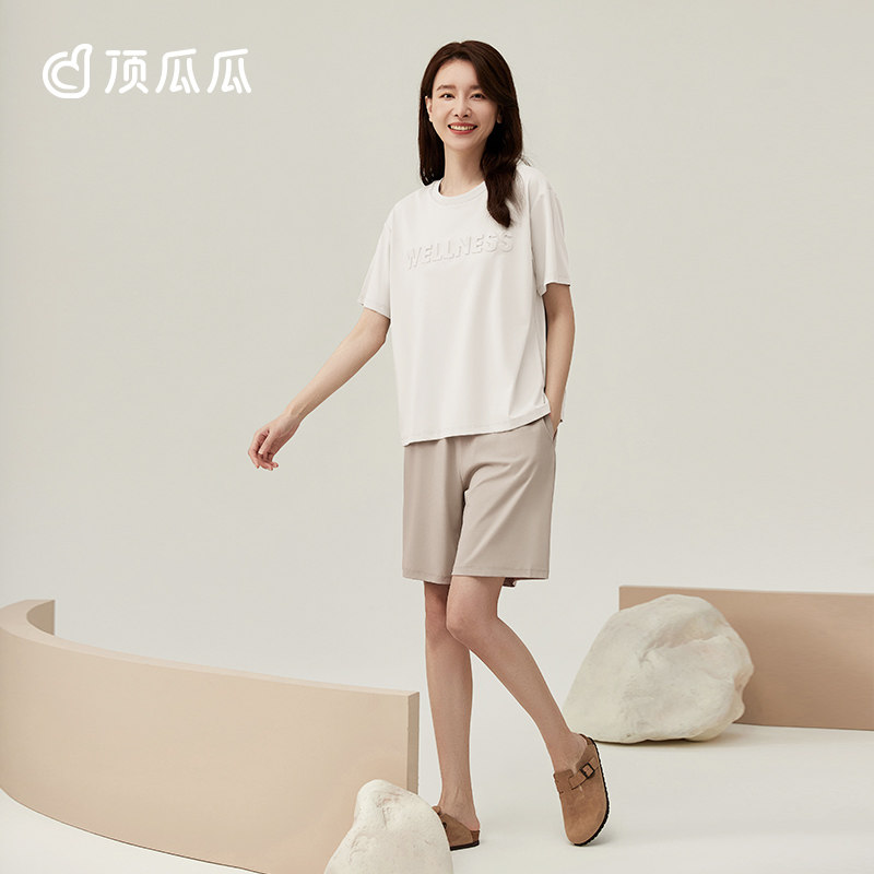 顶瓜瓜纯色夏季睡衣女纯棉男女短袖短裤薄款氧气棉宽松家居服套装