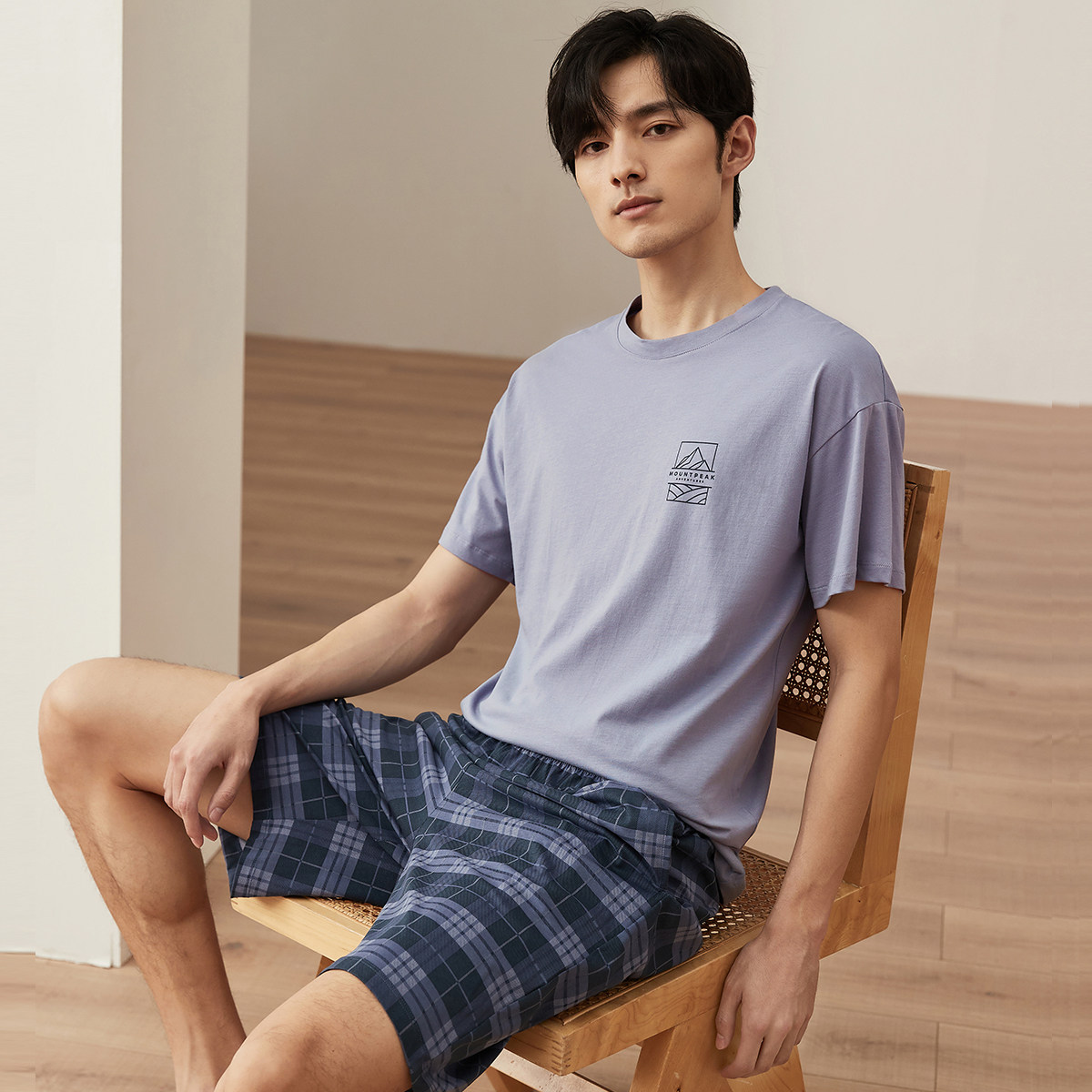 顶瓜瓜男士夏季三件套睡衣顶呱呱休闲格纹纯棉家居服套装可外穿