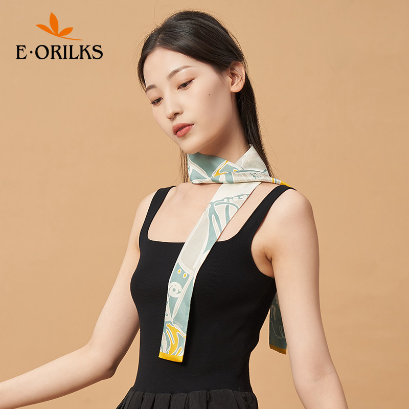 eorilks意敖瑞油画抽象夏季真丝双面发带窄长条小丝巾 男人女人像