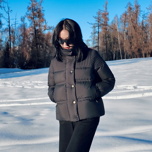 滑雪系绗线工艺90白鹅绒立领三防防风袖指套哑光短款黑色羽绒服女