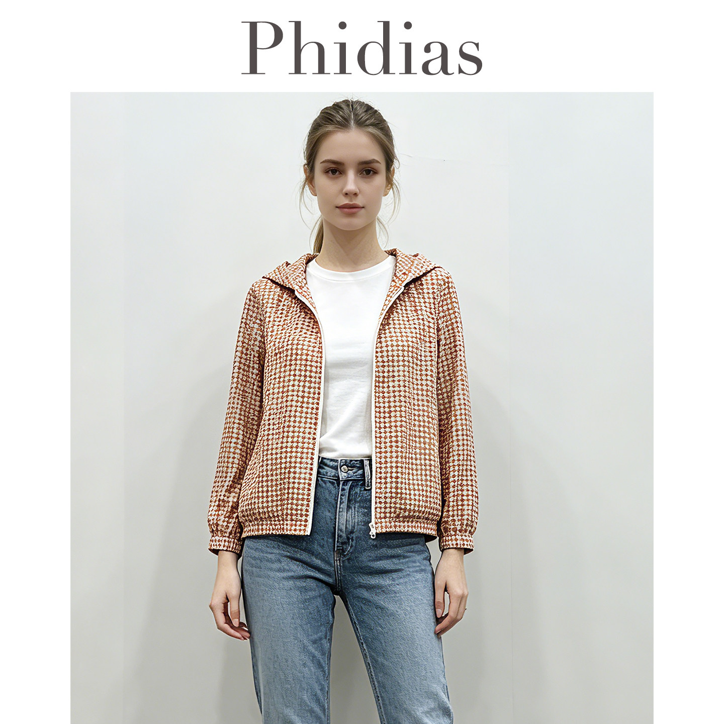 Phidias小碎花拉链短外套女春秋2026年新款连帽开衫长袖显瘦衬衫