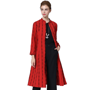 Phidias红色连衣裙设计感小众中长款裙子秋新款条纹修身长裙