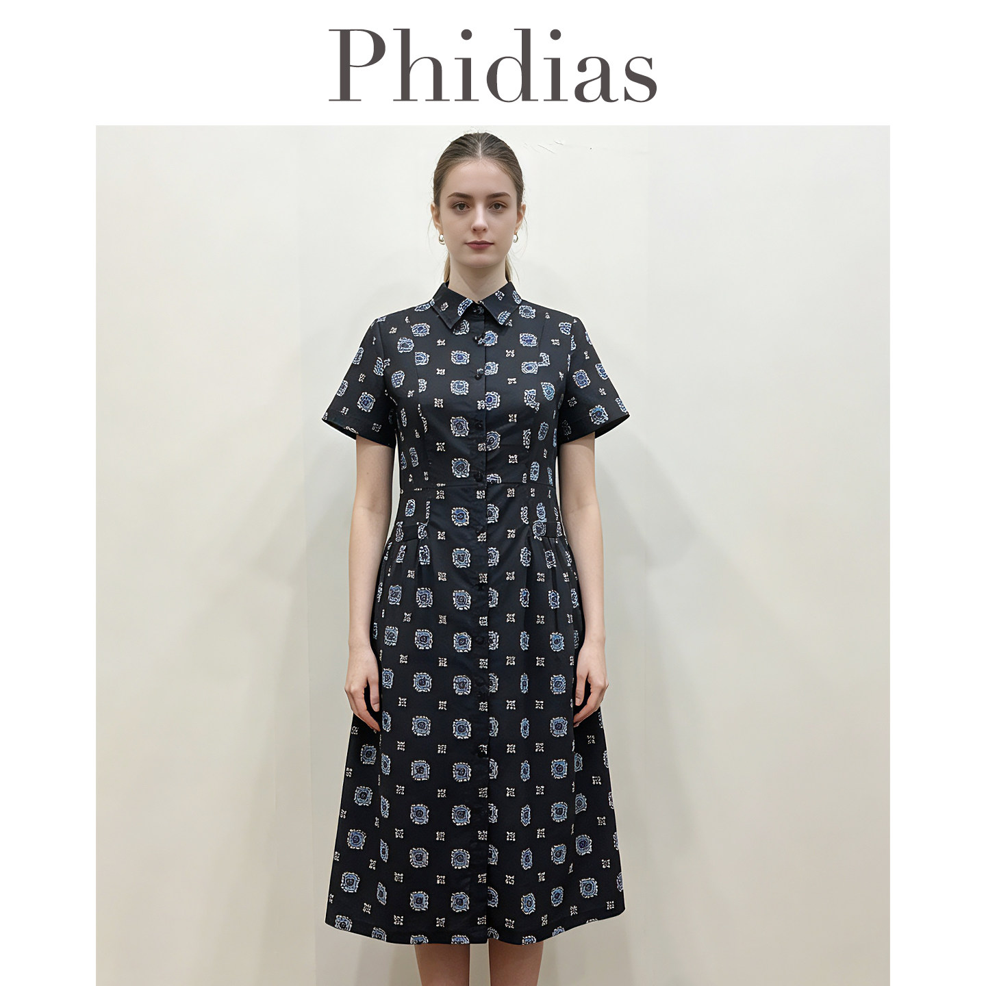 Phidias印花连衣裙女2026年夏季新款气质显瘦高级感短袖中长裙子