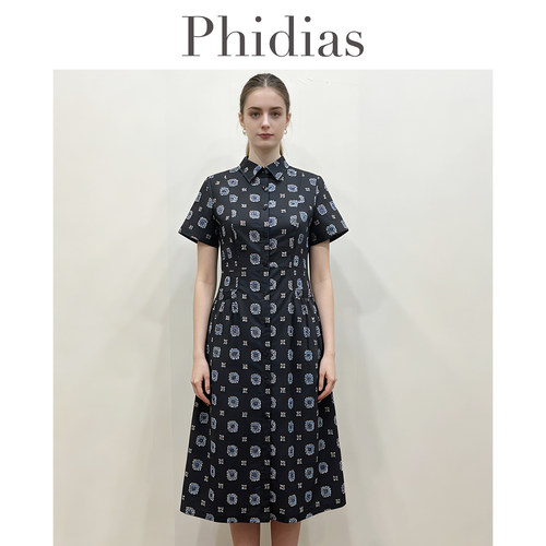 Phidias印花连衣裙女2026年夏季新款气质显瘦高级感短袖中长裙子