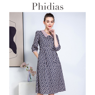 Phidias法式田园风碎花连衣裙女春新款收腰显瘦中袖中长裙子