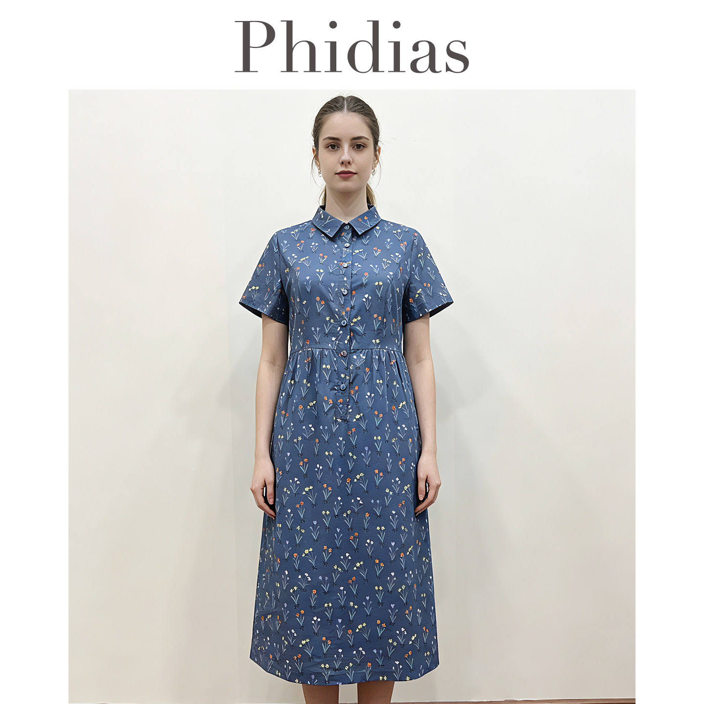 Phidias碎花连衣裙女中长款2026夏新款时尚气质翻领显瘦印花裙子