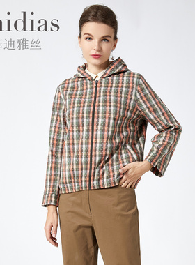 Phidias设计感小众早秋新款外套女百搭长袖连帽开衫气质格子上衣