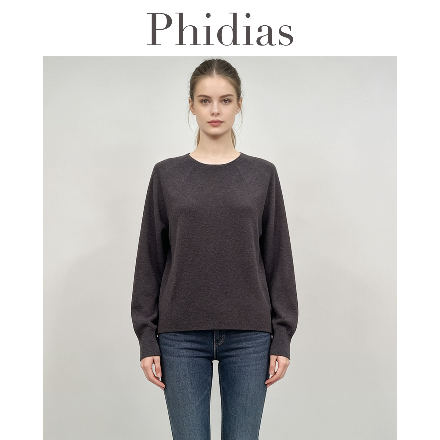 Phidias2026年秋新款圆领插肩袖毛衫宽松套头休闲长袖纯色毛衣女