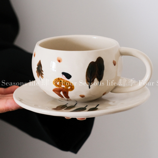 复古森系釉下彩陶瓷咖啡杯碟拿铁高颜值下午茶马克杯小众设计礼物