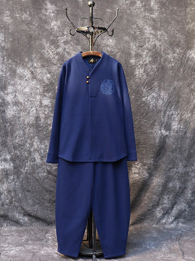 Velvet thickened meditation suit suit Men's autumn and winter Chinese costume Tang costume Lay suit Zen tea suit Chinese style Han Suit