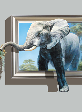 3D画馆画展墙画壁纸墙贴立体三维涂鸦设计定制油画框大象木桶喝水