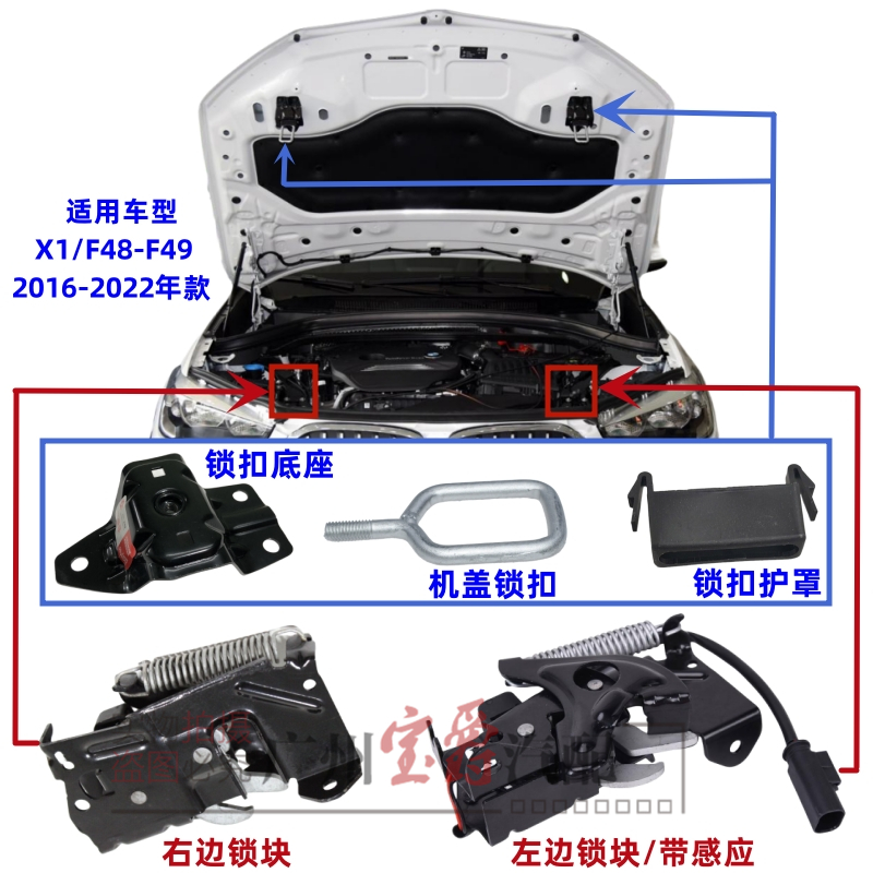 适用宝马X1前机盖F49引擎盖F48锁块支架锁机护罩锁扣胶罩开关锁罩