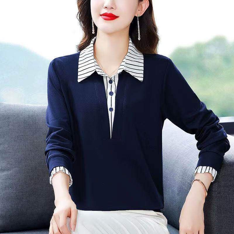 2025年新款春秋款长袖翻领时尚假两件女装上衣衬衫宽松显瘦卫衣女