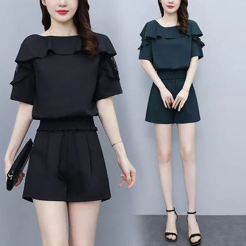 胖妹妹小众蕾丝短袖藏肉显瘦套装大码女装时尚夏装职业气质