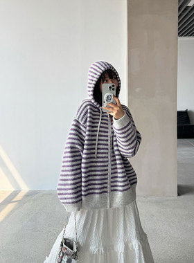 「女装」-秋冬-慵懒风条纹连帽毛衣宽松外套（均码）