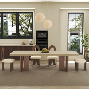 意式轻奢洞石岩板餐桌椅组合家用现代极简小户型长方形下挂饭桌