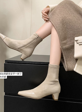 尖头短靴女2025秋冬新款百搭短筒弹力袜靴瘦瘦靴粗跟高跟靴子