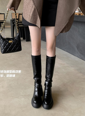 白色靴子女长筒靴2025秋季新款高跟厚底长靴显瘦粗跟骑士靴子