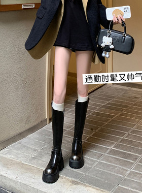 厚底长筒靴女2025秋冬新款粗跟不过膝长靴增高显瘦高筒骑士靴
