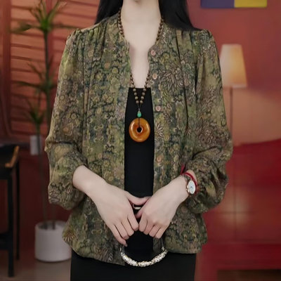 夏装长袖冰丝雪纺衫中老年女装宽松遮肚洋气百搭印花防晒开衫上衣