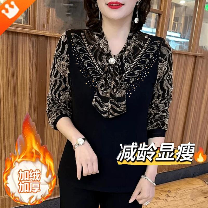 加绒加厚提花网纱打底衫女秋冬大码遮肚子显瘦妈妈装保暖内搭上衣