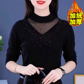 秋冬内搭上衣气质保暖长袖 女2025新款 t恤 烫钻网纱打底衫 加绒时尚