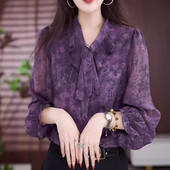 2025春夏季 遮肚显瘦减龄雪纺防晒 女长桑仿蚕丝袖 V领薄款 冰丝衬衫