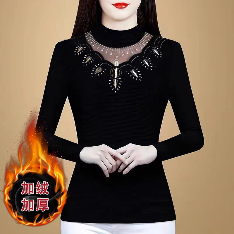 加绒半高领黑色网纱蕾丝打底衫女上衣秋冬季洋气内搭保暖妈妈小衫
