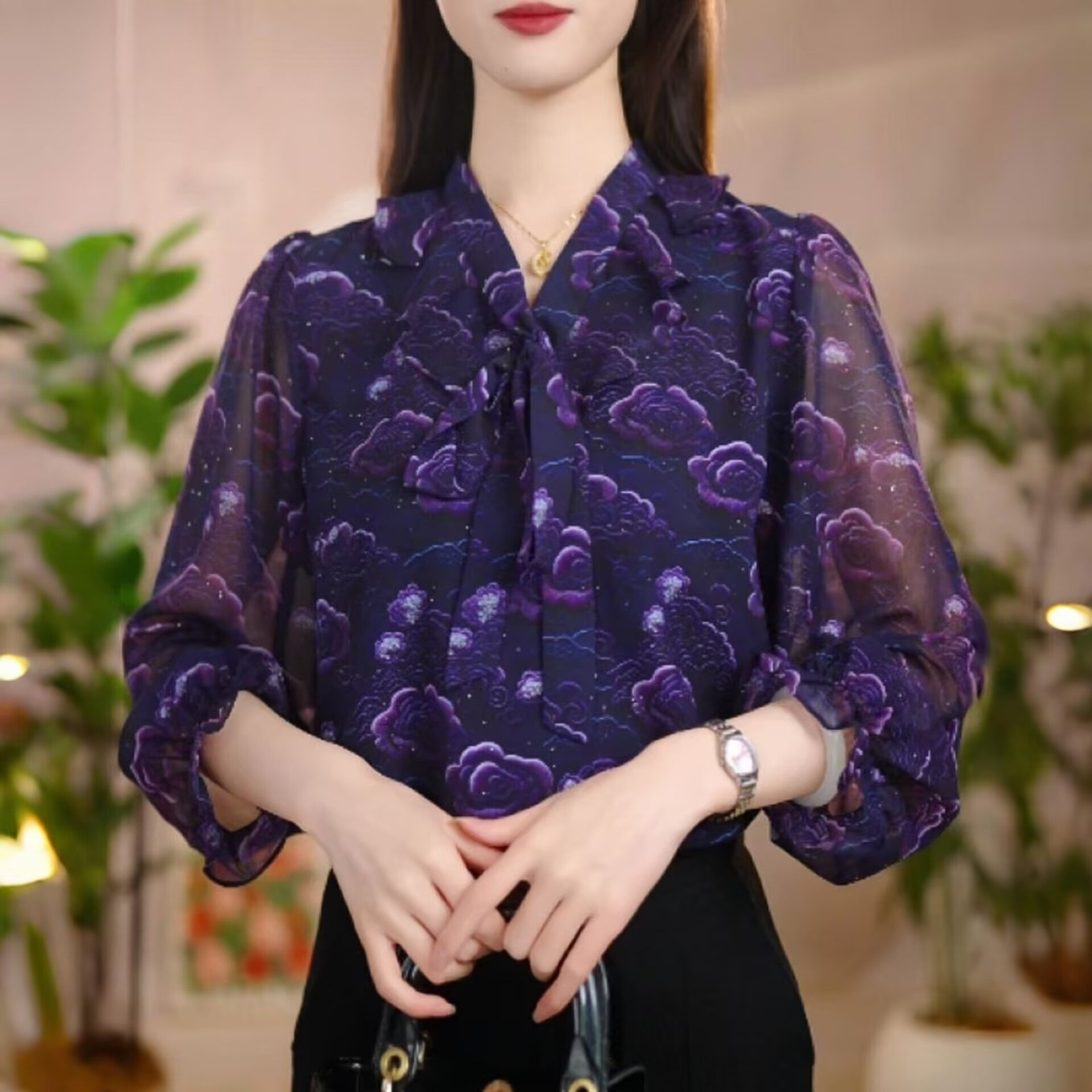 九分袖薄款冰丝雪纺衬衫