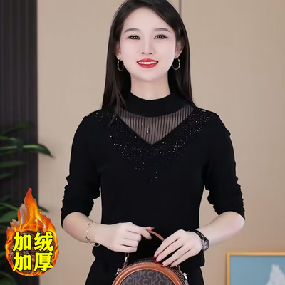 加绒烫钻蕾丝打底衫长袖冬季妈妈半高领外穿保暖加厚内搭洋气小衫