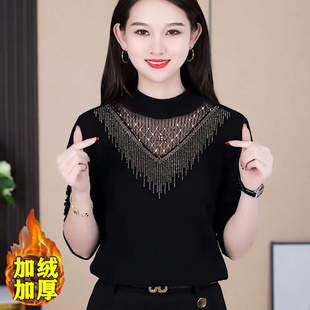 烫钻网纱加绒打底衫女长袖T恤秋冬新款2023内搭外穿洋气蕾丝上衣