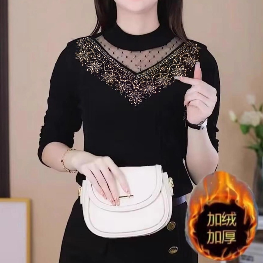 秋冬加绒/薄款烫钻黑色网纱打底衫半高领中年妈妈内搭保暖小衫