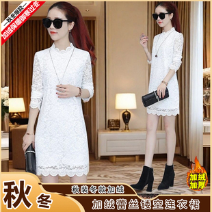 加绒高档秋冬连衣裙新款气质小个子遮肚显瘦保暖配大衣蕾丝打底裙