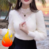 加厚上衣 女时髦内搭蕾丝拼接网纱小衫 冬季 白色磨毛植绒保暖打底衫