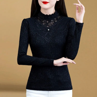 长袖加绒加厚蕾丝打底衫