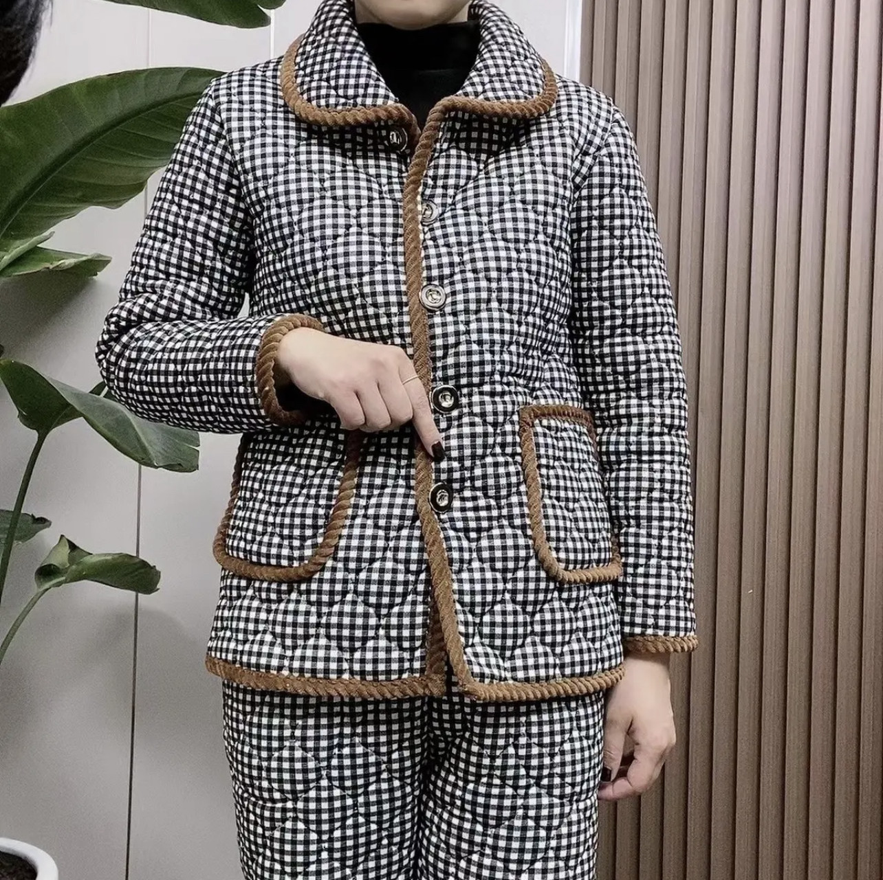 秋冬款加绒加厚棉服套装千鸟格休闲外套棉袄棉裤保暖民族风两件套