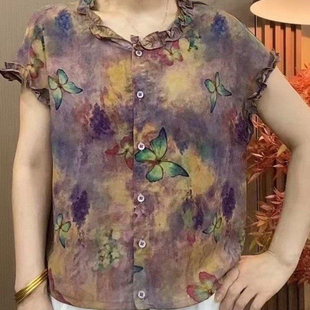 T恤 夏季 新款 女士上衣时尚 百搭蝴蝶印花休闲宽松显瘦设计感短袖