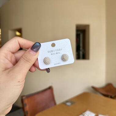 欧比雅比银针珍珠花球耳钉新款耳饰品小众独特气质网红耳环52153