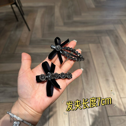 黑色丝绒蝴蝶结水钻发饰夹子发夹边夹简约短发头饰0911