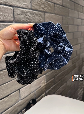 复古藏蓝色双层波点发圈少女学院风显白丸子头扎马尾头花皮筋0784