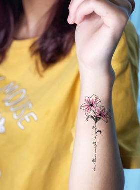 纹身贴 ins风百合花英文 小清新彩色仙后背大图案防水女纹身贴纸