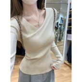 长袖 韩版 修身 女秋冬新款 毛衣 温柔纯欲不规则交叉设计安迪绒针织衫